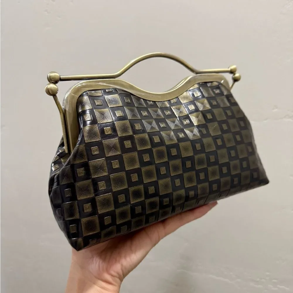 Vintage Pattern Genuine Calfskin Handmade Double Kisslock Purse/Multi Use Style